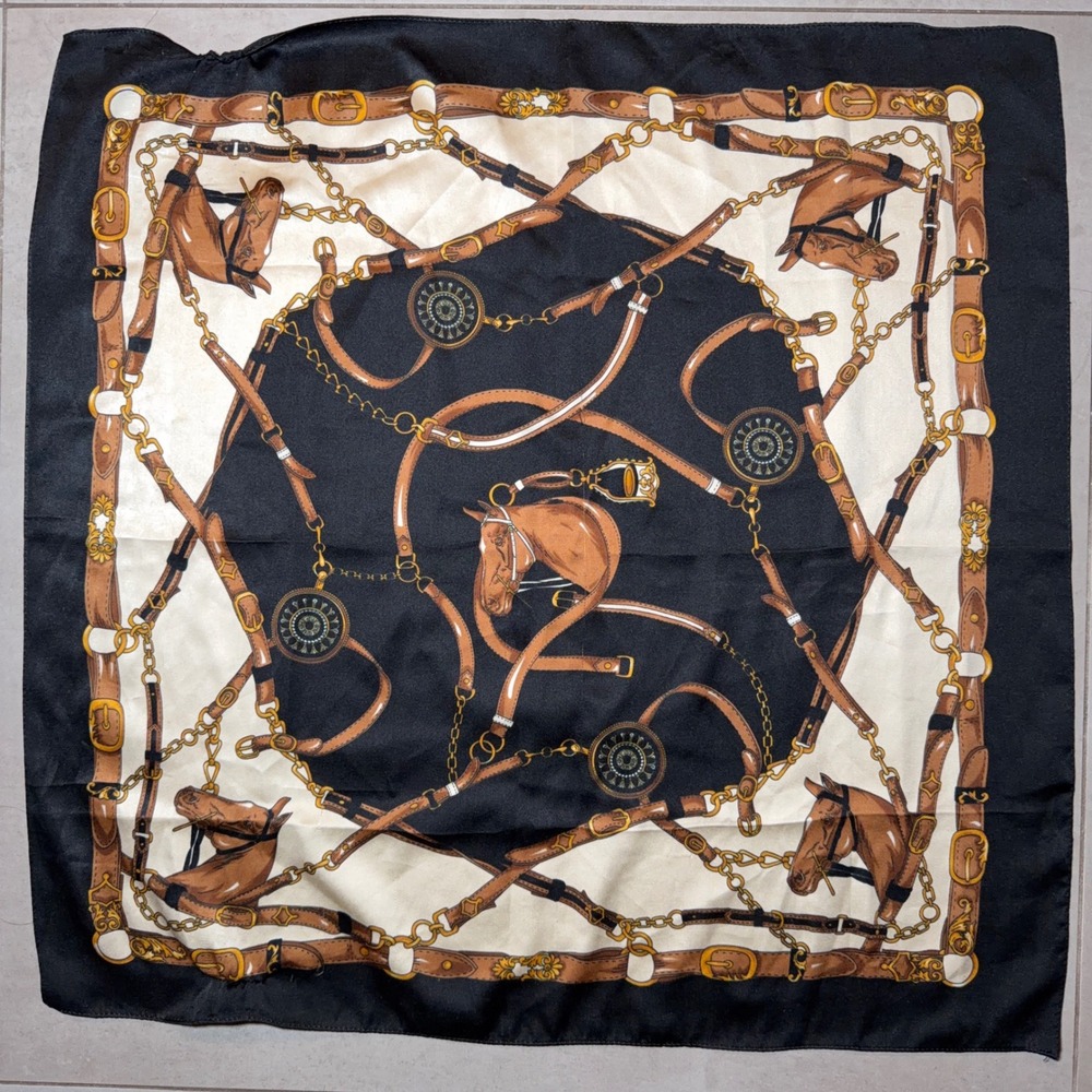 VTG Equestrian Square Scarf OS Black Cream Gold Horse Print Old Money Luxury